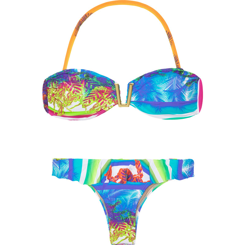 New Beach Bikini Bandeau Tropical Coloré, Bas Fixe à Volant - Fivela Pop