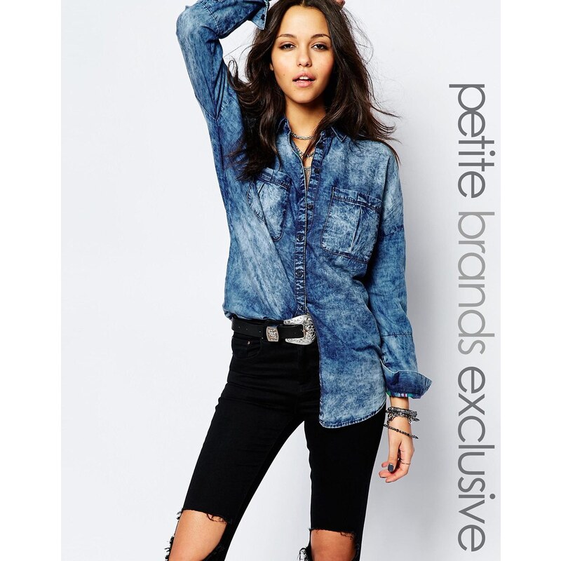 Noisy May Petite - Chemise oversize en jean avec doublure à carreaux - Bleu