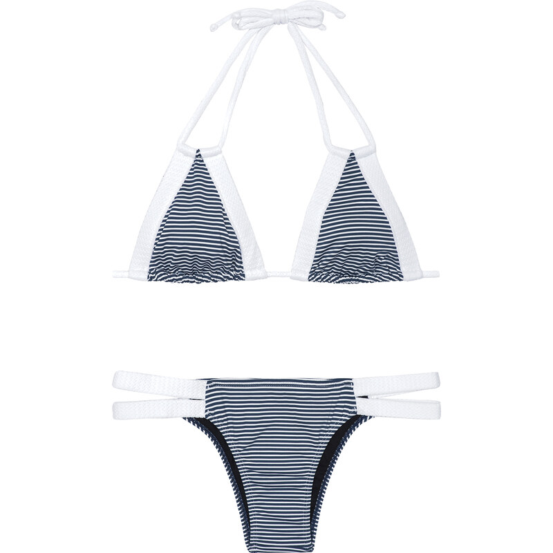 Kiminis Maillots de bain femme Bikini Triangle Rayé Bleu Et Blanc, Bas Double Lien - Biarritz Marine
