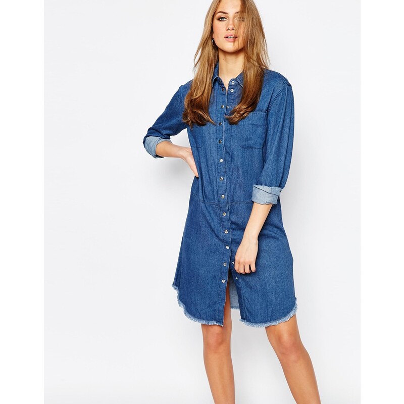 Warehouse - Robe chemise en jean à ourlet effiloché - Bleu