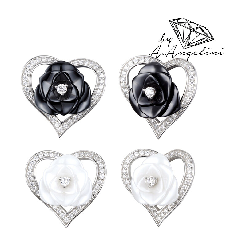 Boucles d'oreilles en argent 925 avec coeur et camélia A.Angelini