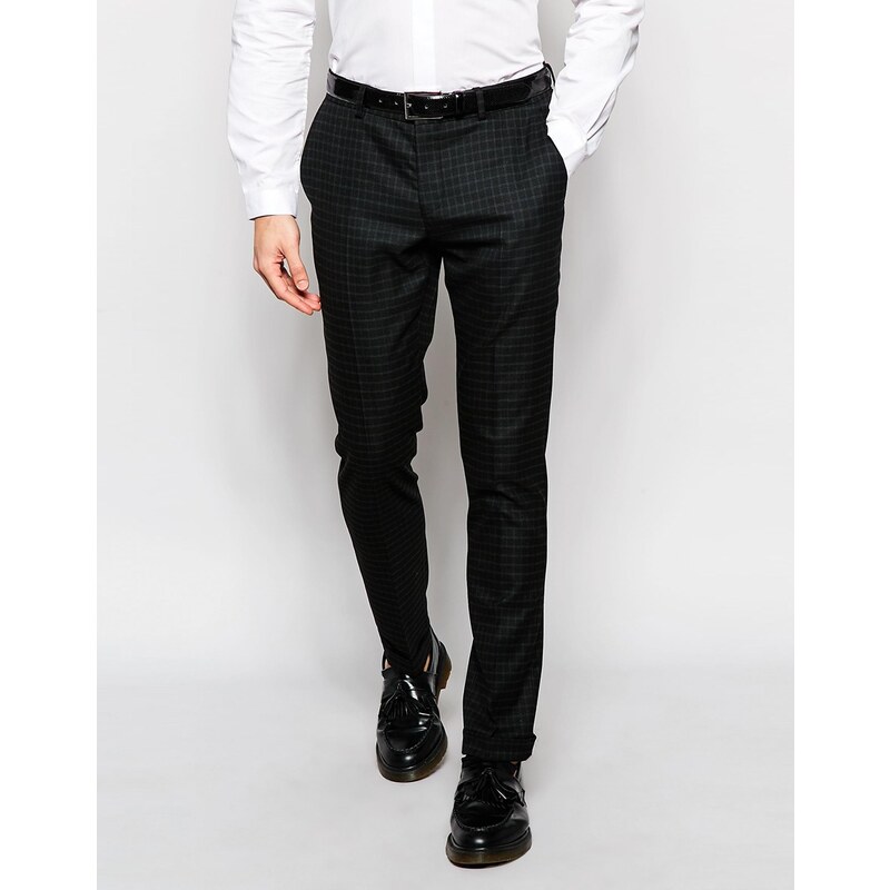 Selected Homme - Pantalon skinny stretch à carreaux et à revers - Noir
