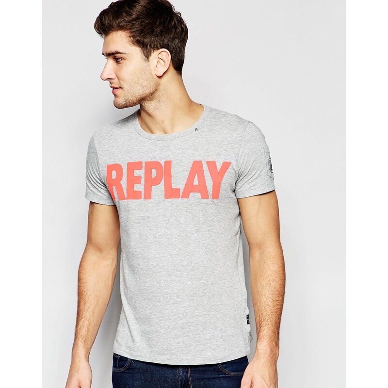 Replay - T-shirt ras du cou avec logo imprimé - Gris chiné - Gris