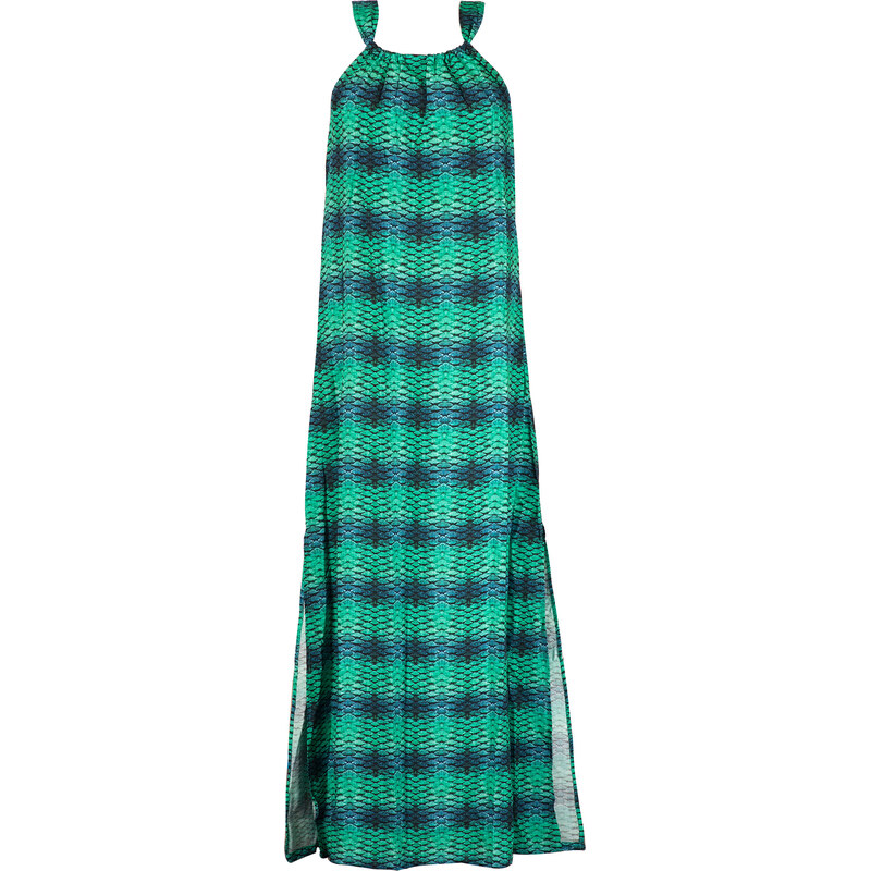 Maryssil Longue Robe Fendue, Imprimé Dégradé Vert Et Bleu - Dress Escamas Aqua