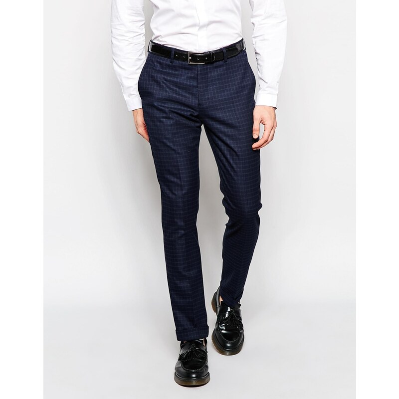 Selected Homme - Pantalon skinny stretch à carreaux et à revers - Bleu