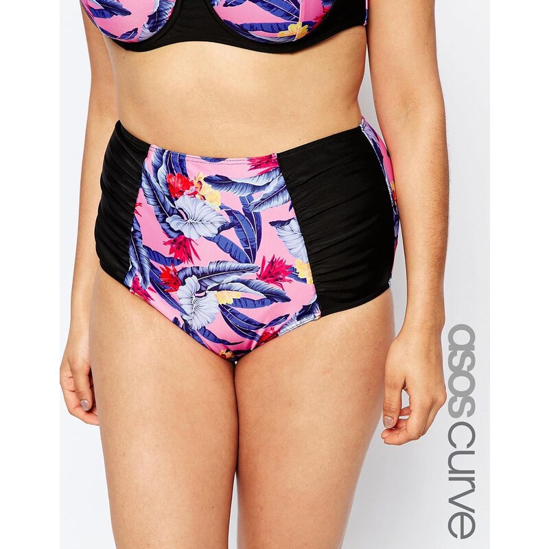 ASOS CURVE - Bas de bikini taille haute gainant à imprimé palmiers aux couleurs vives avec côtés froncés - Multi