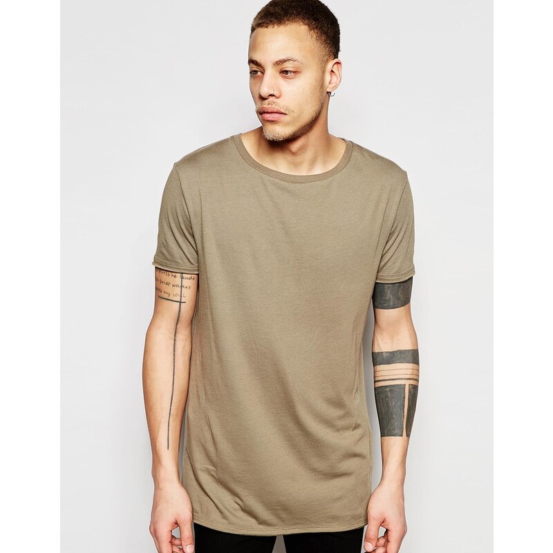 ASOS - T-shirt long avec col stretch et ourlet arrondi - Marron - Marron