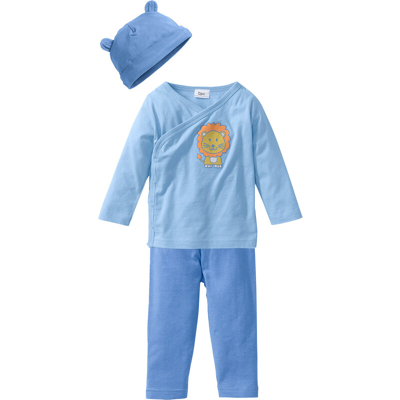 bpc bonprix collection Brassière bébé croisée + pantalon + bonnet (Ens. 3 pces.) en coton bio, T. 44/50-68/74 bleu manches longues enfant - bonprix
