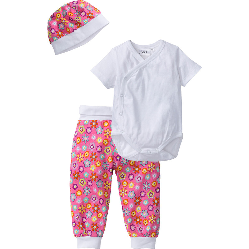 bpc bonprix collection Body bébé manches courtes + pantalon + bonnet (Ens. 3 pces.) en coton bio, T. 44/50-68/74 blanc enfant - bonprix