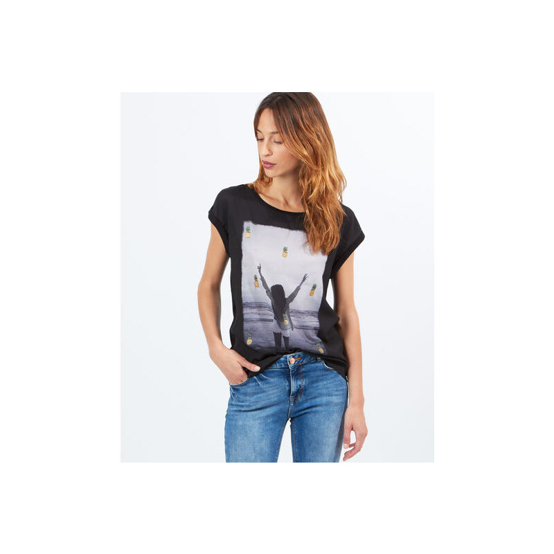 T-shirt bi-matière imprimé fille et ananas paillettes Etam
