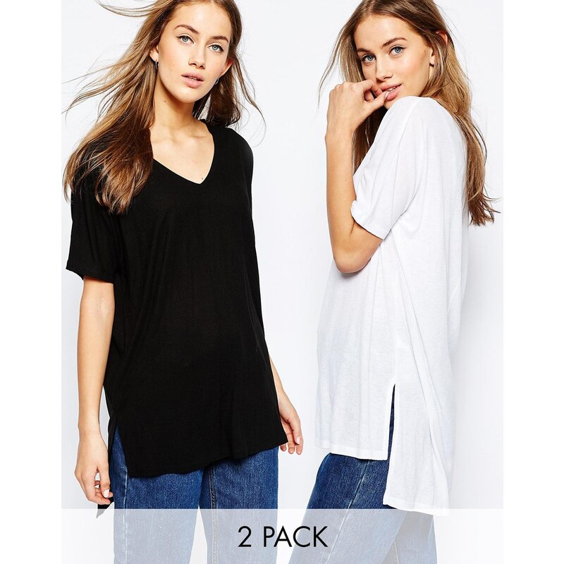 ASOS - Lot de 2 t-shirts amples en côtes oversize col V - Noir