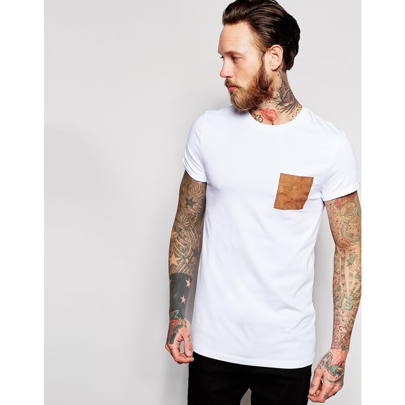 ASOS - T-shirt moulant coupe longue avec poche en imitation daim et manches retroussées - Blanc - Blanc