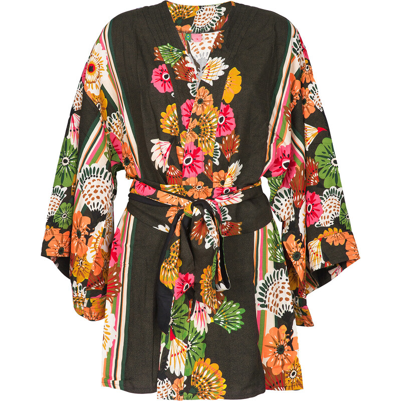 Farm Kimono Noir à Fleurs Colorées, Esprit Japonais - Kimono Bacana