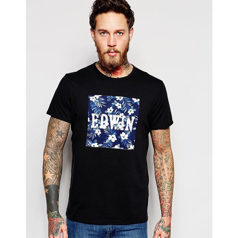 Edwin - T-shirt avec logo à imprimé hibiscus - Noir - Noir