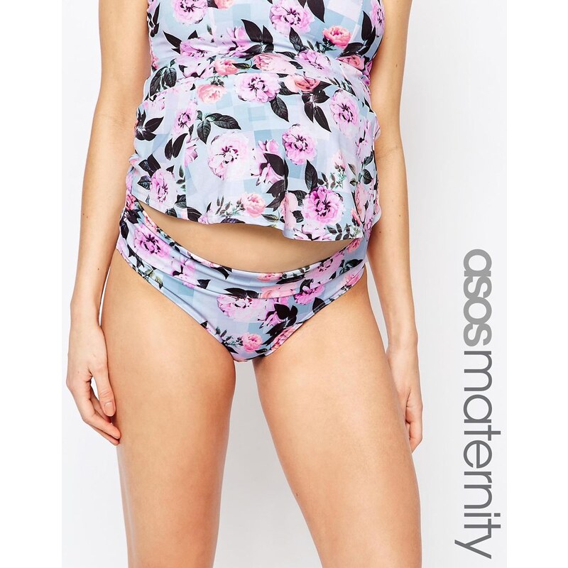 ASOS Maternity - Bas de bikini à carreaux vichy et imprimé floral avec ceinture rabattable - Multi