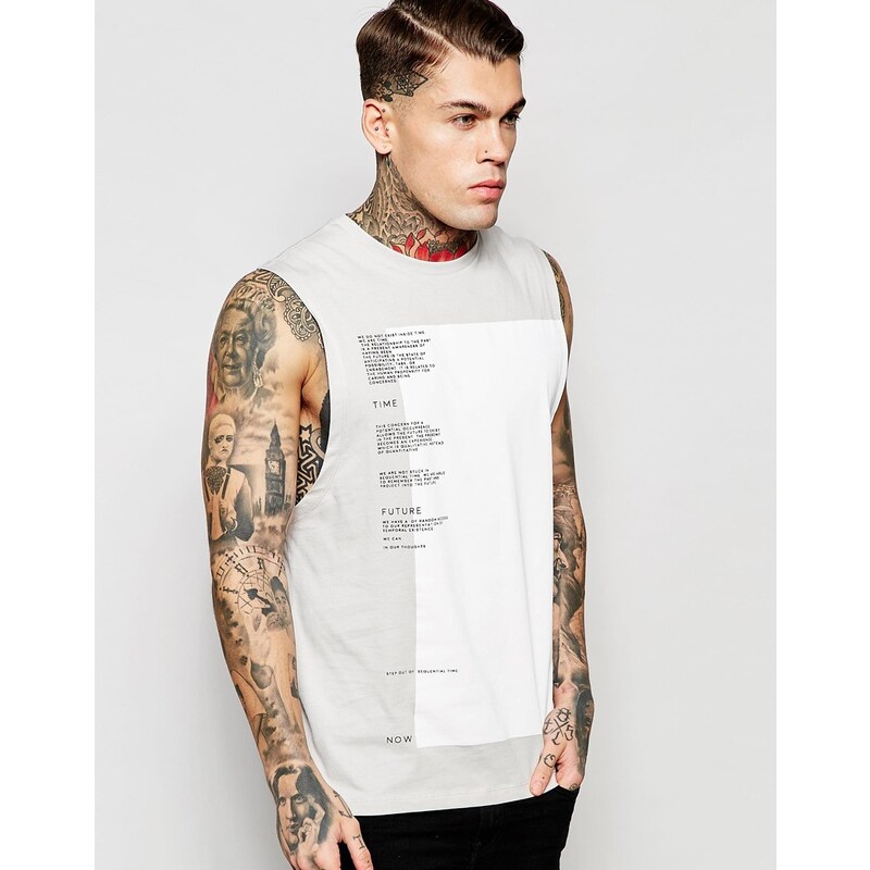 ASOS - T-shirt sans manches coupe longue avec motif typographie et ourlet asymétrique - Gris