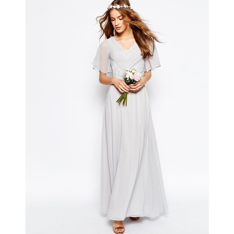 ASOS WEDDING - Robe longue plissée avec dentelle - Gris