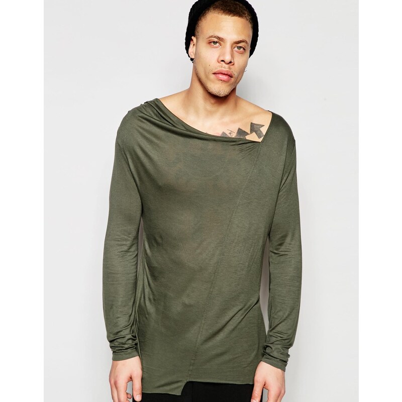 ASOS - T-shirt long à manches longues avec encolure drapée asymétrique - Vert