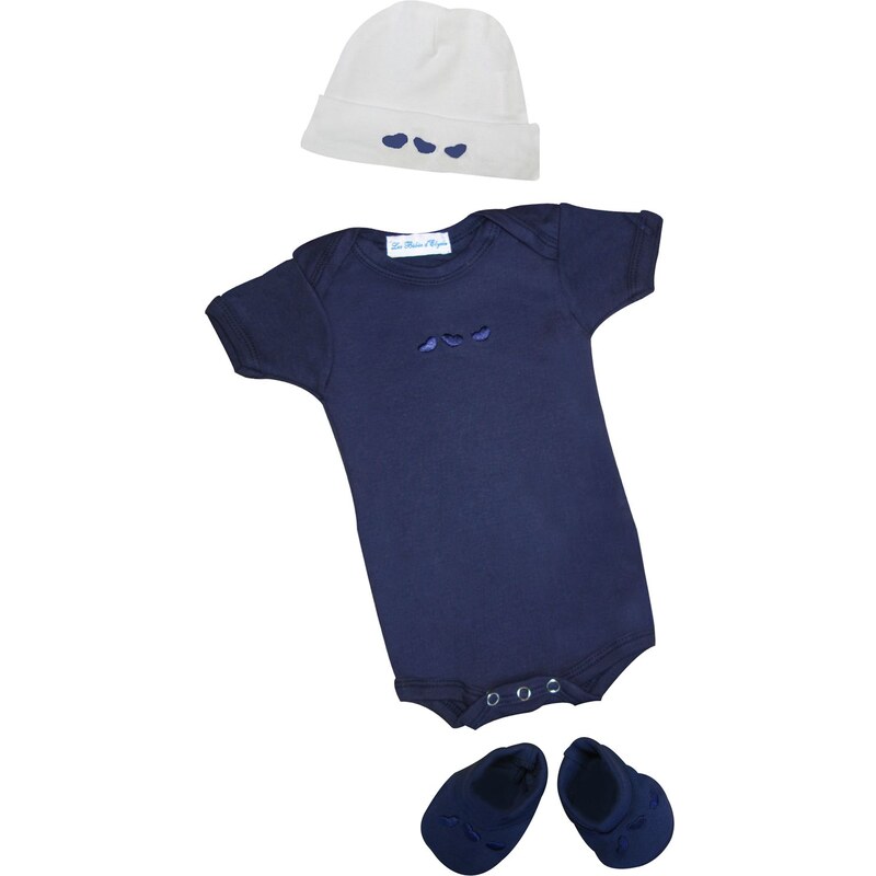 Les Bébés d Elysea Body MC brodé+ chapeau+chaussons - bleu marine