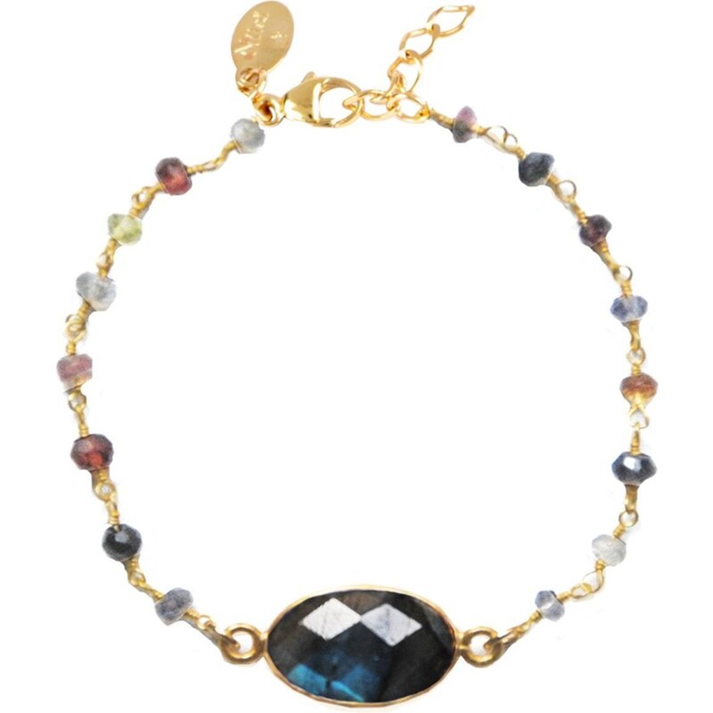 Bracelet en plaqué or orné de calcédoines, pierres de lune, labradorites et turquoises Nilaï