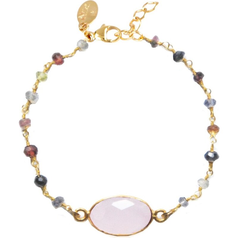 Bracelet en plaqué or orné de calcédoines, pierres de lune, labadorites et turquoises Nilaï