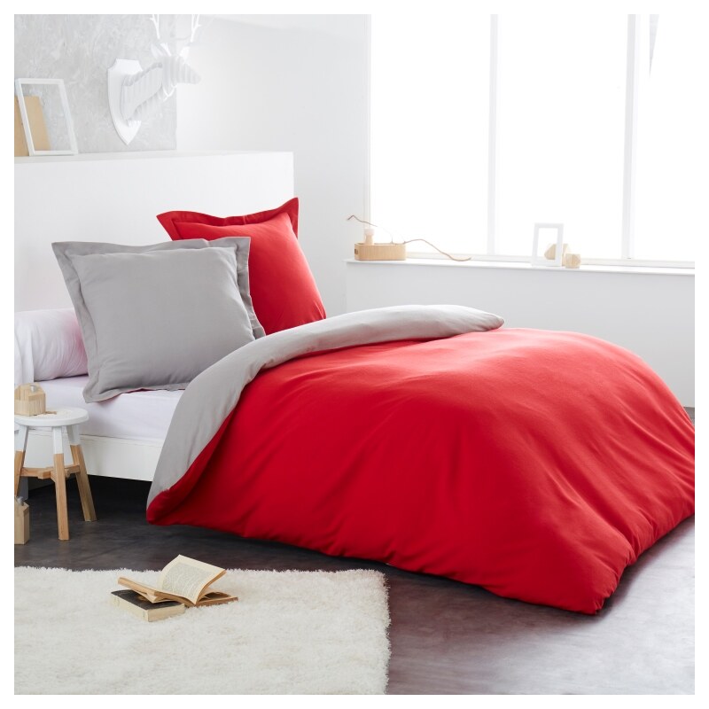 Home Linen Parure housse de couette FLANELLE 100% coton - Bicolore Gris / Rouge 200x200 cm + 2 taies d'oreiller 65x65 cm