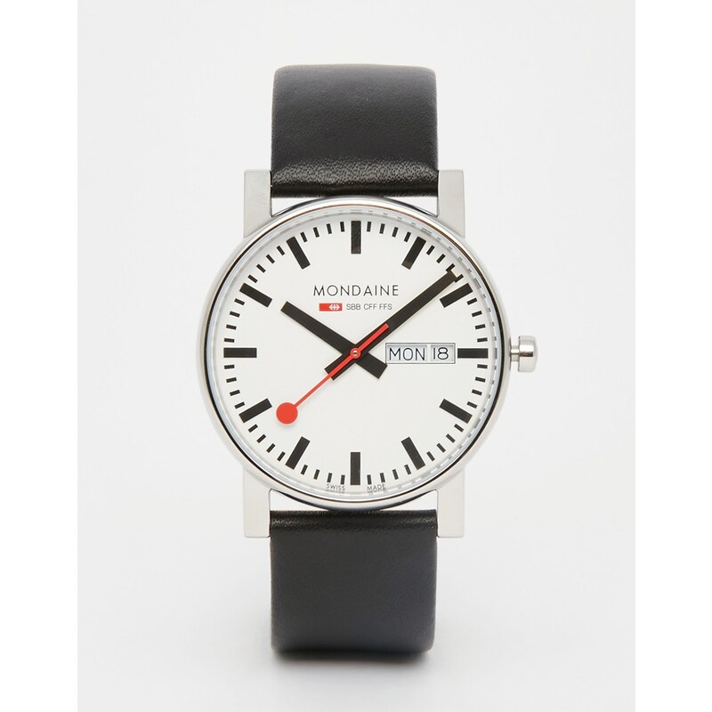 Mondaine - Montre avec affichage de la date et bracelet en cuir 38 mm - Noir - Noir