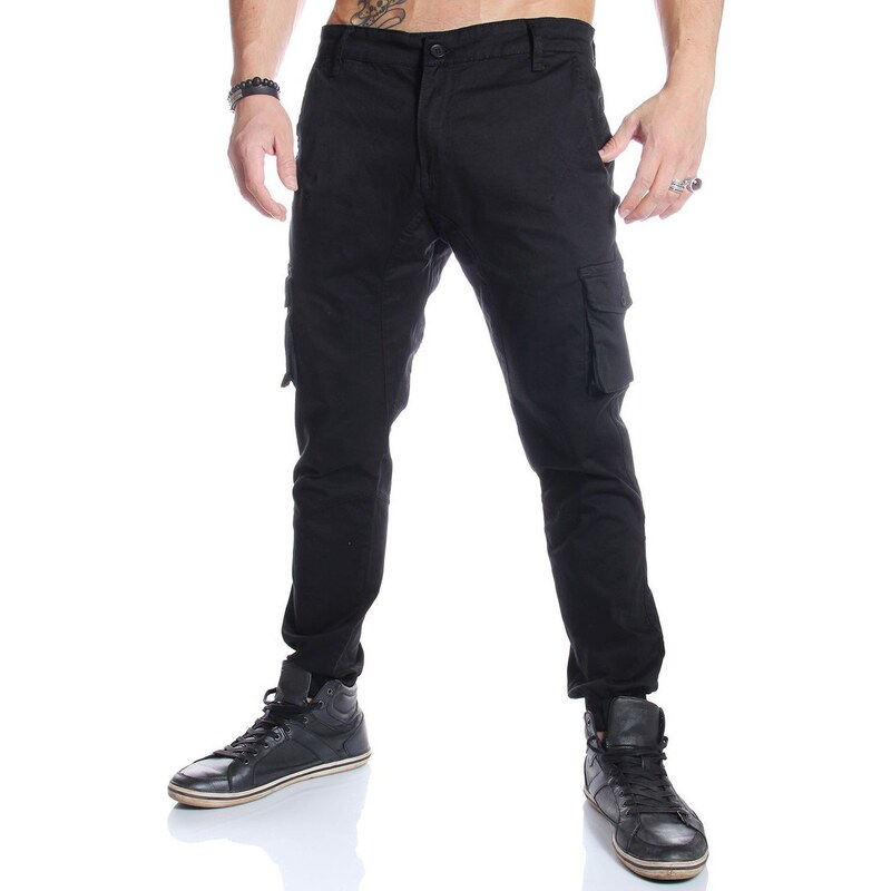 Rerock Pantalon - Pantalon cargo type treillis noir en coton stretch
