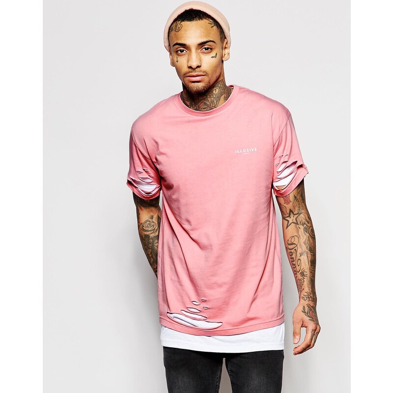 Illusive London - T-shirt long double épaisseur avec déchirures - Rose