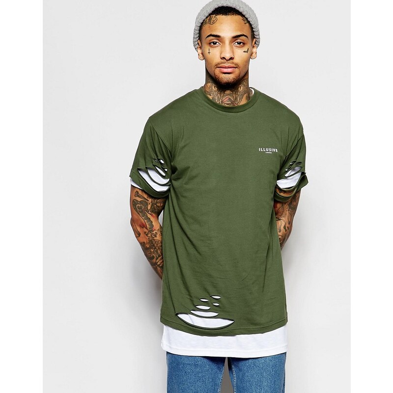 Illusive London - T-shirt long double épaisseur avec déchirures - Vert