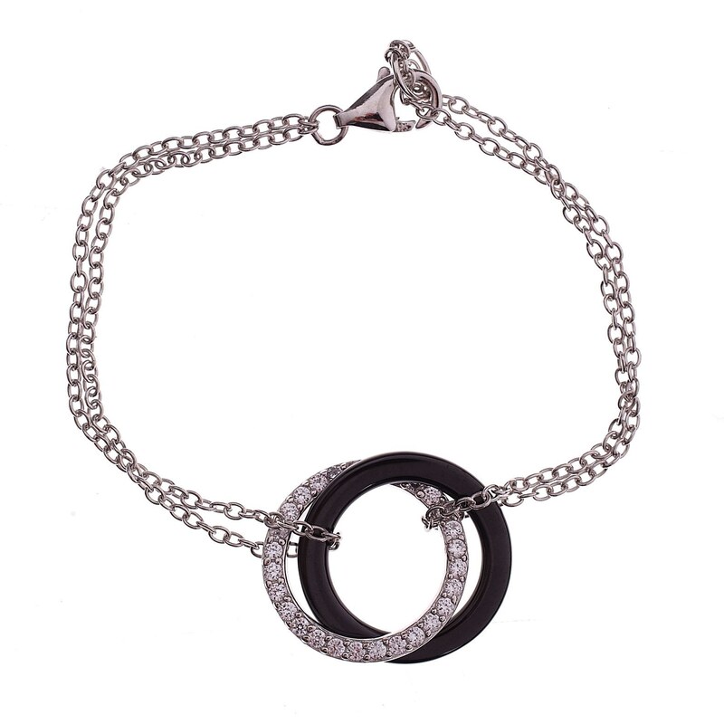 Ceraluxe Double Cercles Noirs - Bracelet en argent et céramique - noir