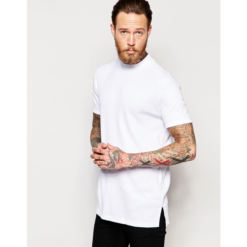 ASOS - T-shirt long côtelé très moulant avec col roulé - Blanc - Blanc