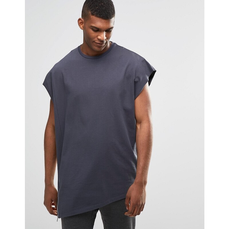 ASOS - T-shirt sans manches extra oversize en jersey épais avec fermeture éclair asymétrique - Gris