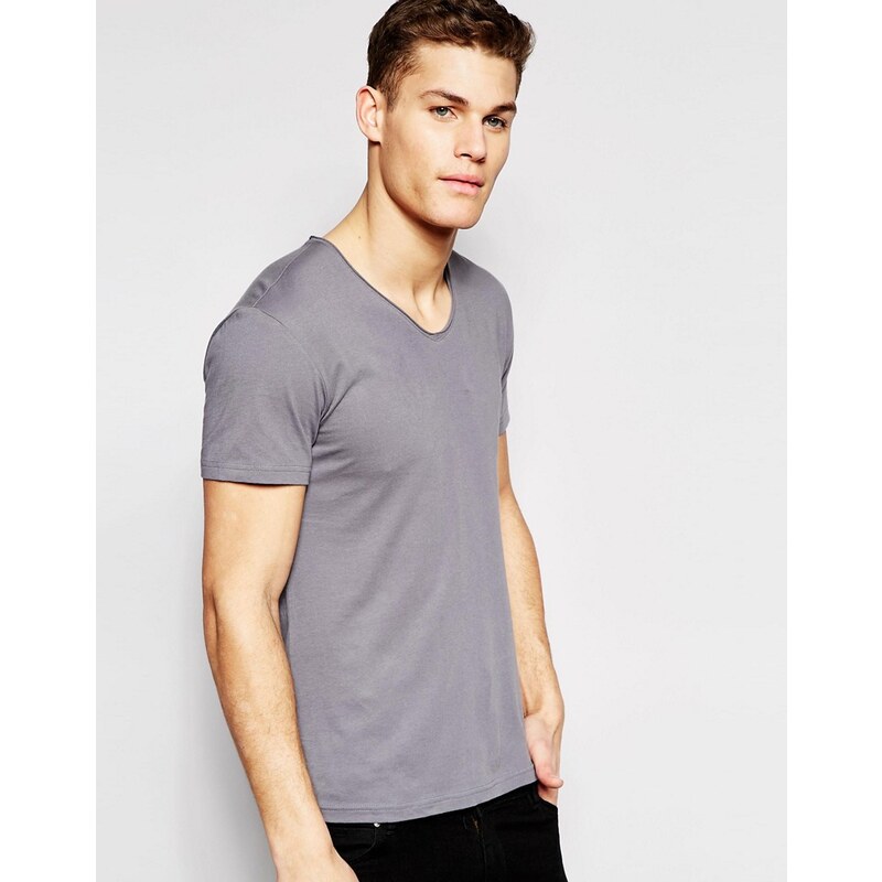Esprit - T-shirt avec manches courtes à revers et col en V - Gris