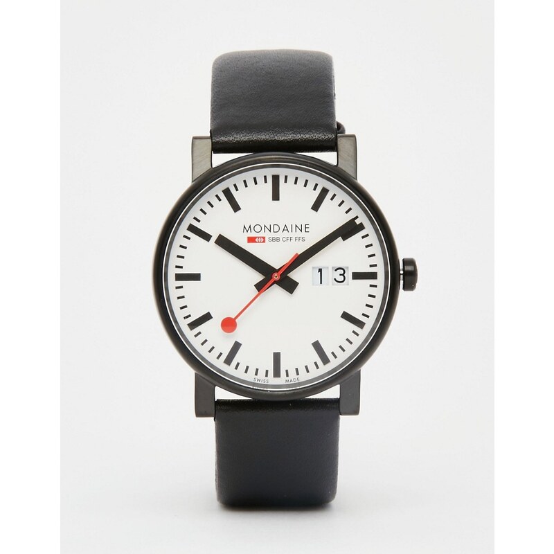 Mondaine - Montre avec affichage de la date et bracelet en cuir 40 mm - Noir - Noir