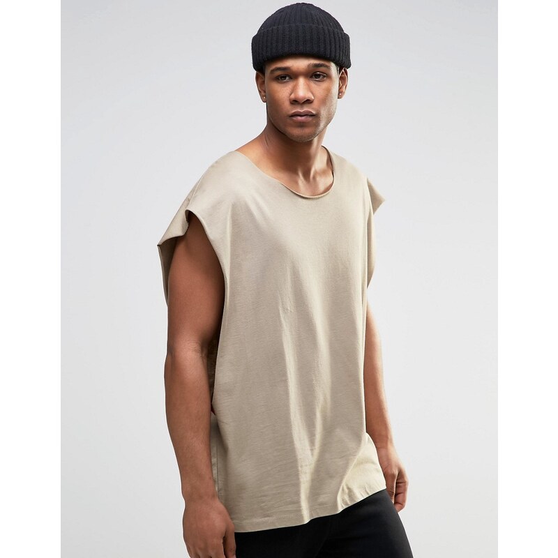 ASOS - T-shirt sans manches super oversize avec emmanchures basses et encolure dégagée à bords bruts - Beige - Beige