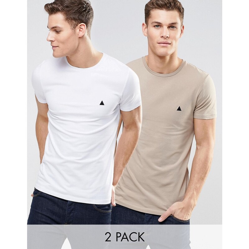 ASOS - Lot de 2 t-shirts moulants avec logo - Blanc/beige, ÉCONOMIE - Multi