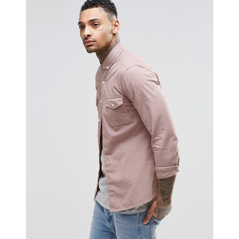 ASOS Skinny Military Shirt With Long Sleeves In Dusty Pink - Rose
