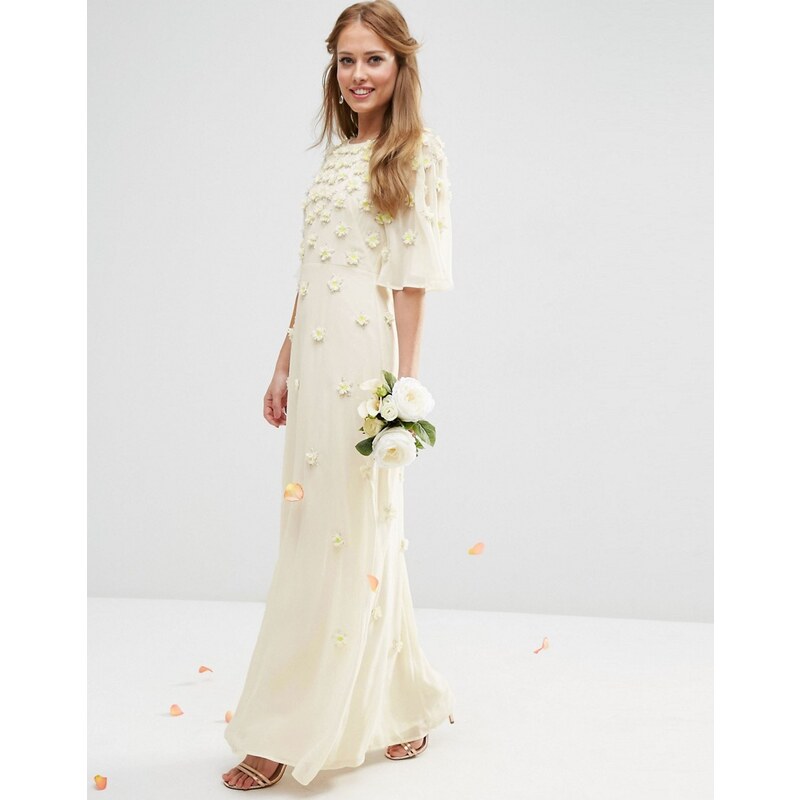 ASOS BRIDAL - Robe longue à manches évasées et motif fleurs 3D - Blanc