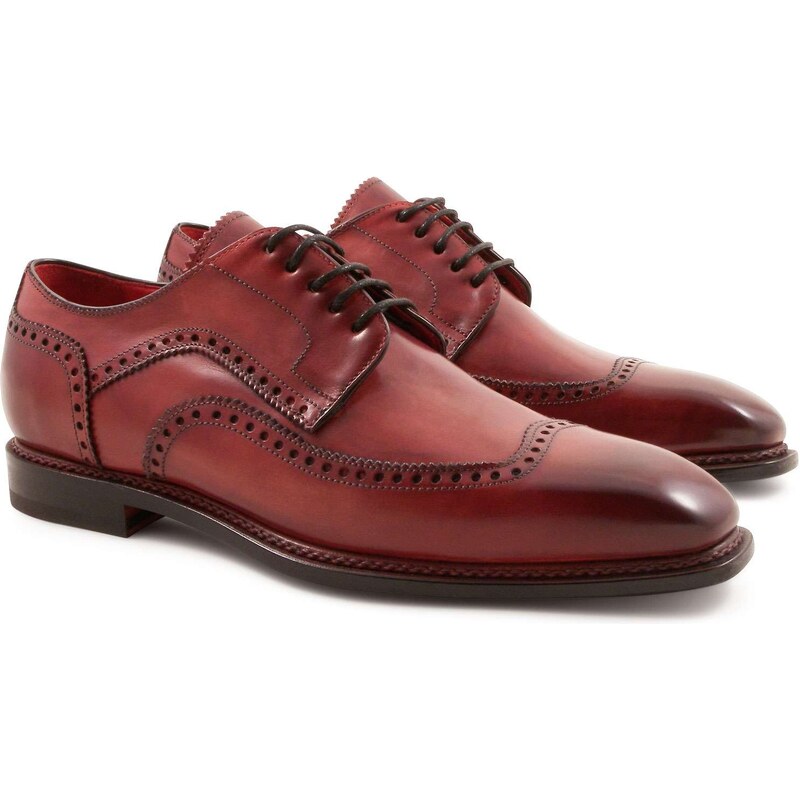 Leonardo Shoes Derbies bout empeigne pour homme en cuir rouge