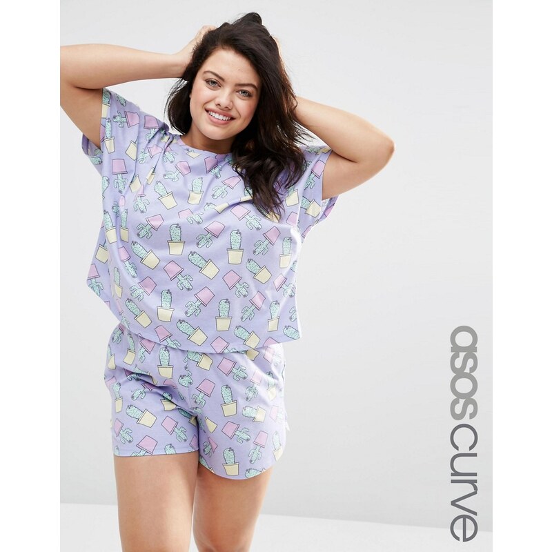 ASOS CURVE - T-shirt et short de pyjama imprimé cactus coloré - Multi
