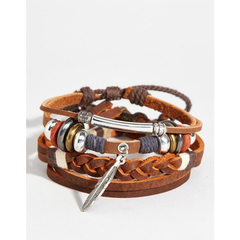 ASOS - Lot de bracelets en cuir avec plume - Marron