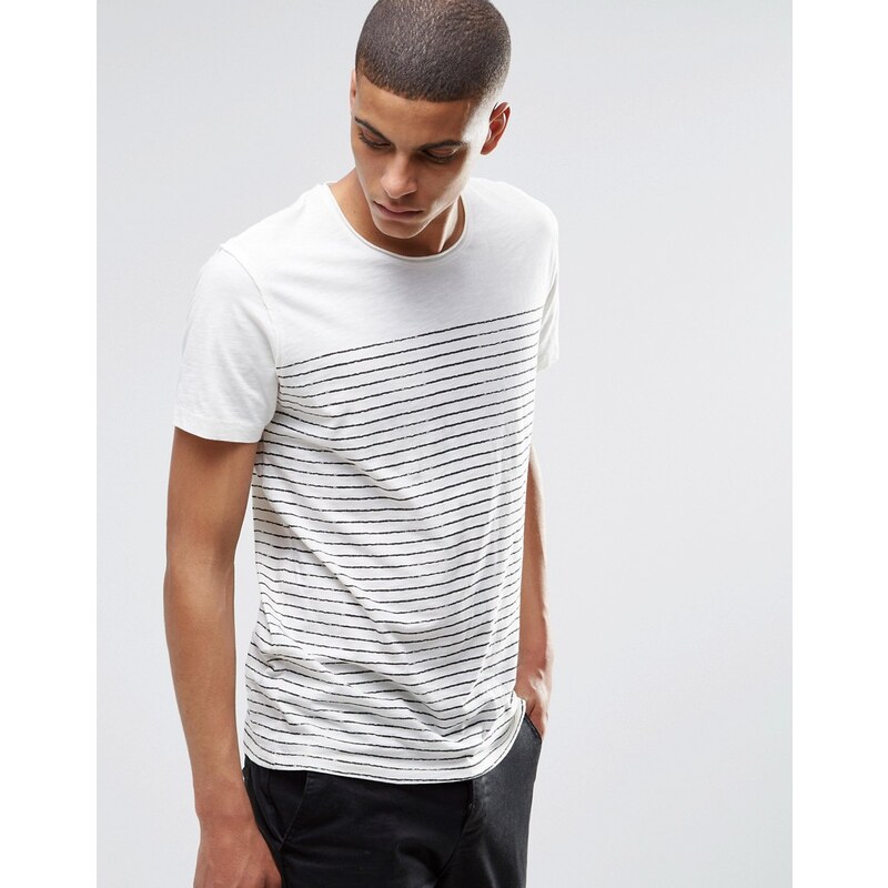 Selected Homme - T-shirt style marinière effet peint - Blanc