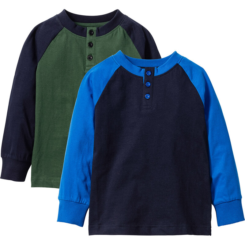 bpc bonprix collection Lot de 2 T-shirts manches longues à patte de boutonnage, T. 80/86-128/134 bleu enfant - bonprix