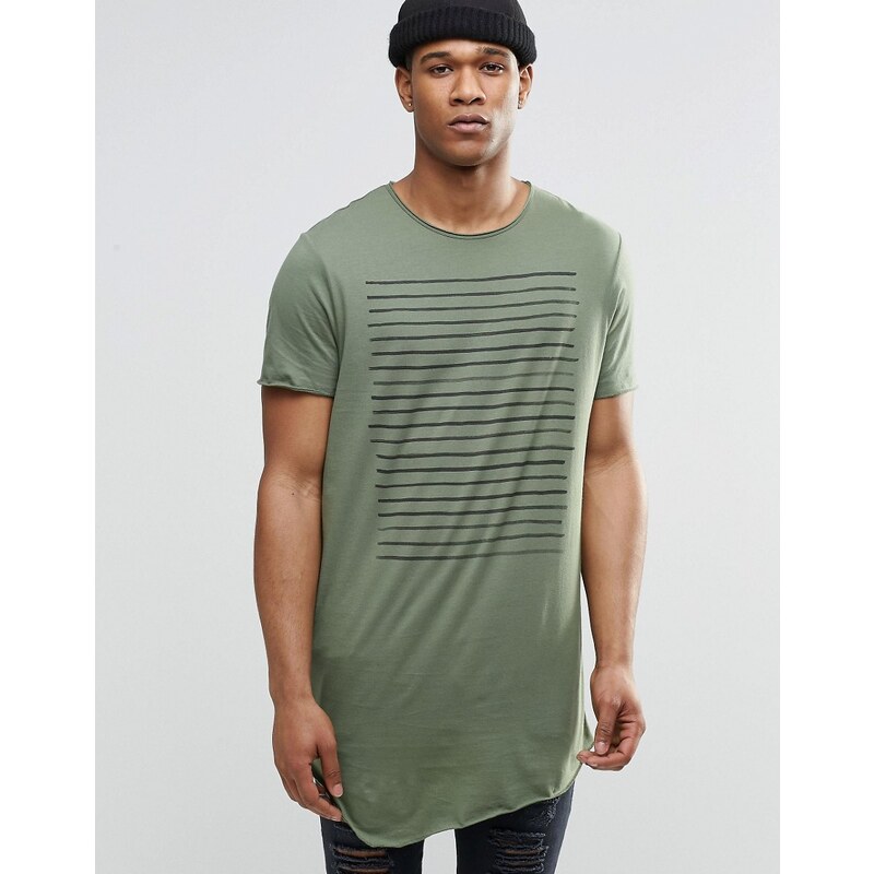 ASOS - T-shirt ultra long rayé sur la poitrine avec encolure dégagée et bords bruts - Vert