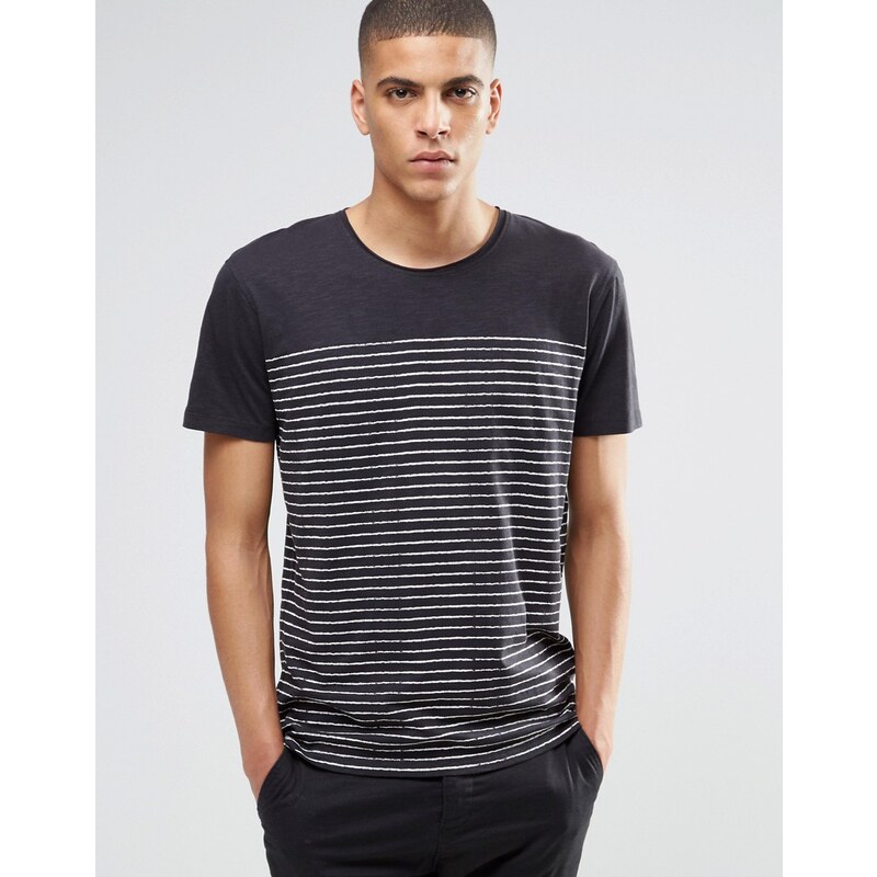 Selected Homme - T-shirt style marinière effet peint - Noir