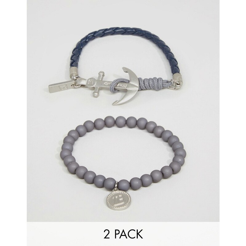 Icon Brand - Lot de 2 bracelets avec perles et ancre - Bleu marine