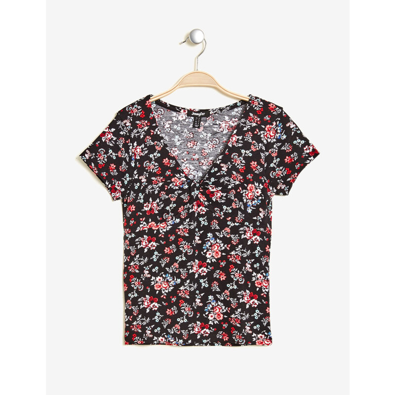 tee-shirt effet noeud imprimé fleuri noir, blanc et rose Jennyfer