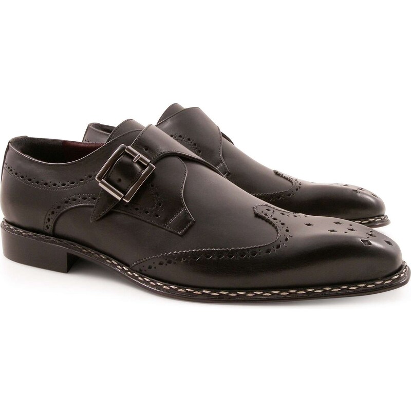 Leonardo Shoes Boucles bout golf perforée en cuir noir artisanales