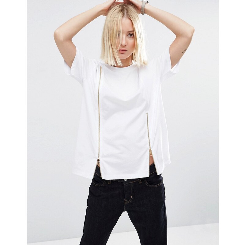 ASOS WHITE - T-shirt avec insert zippé - Blanc